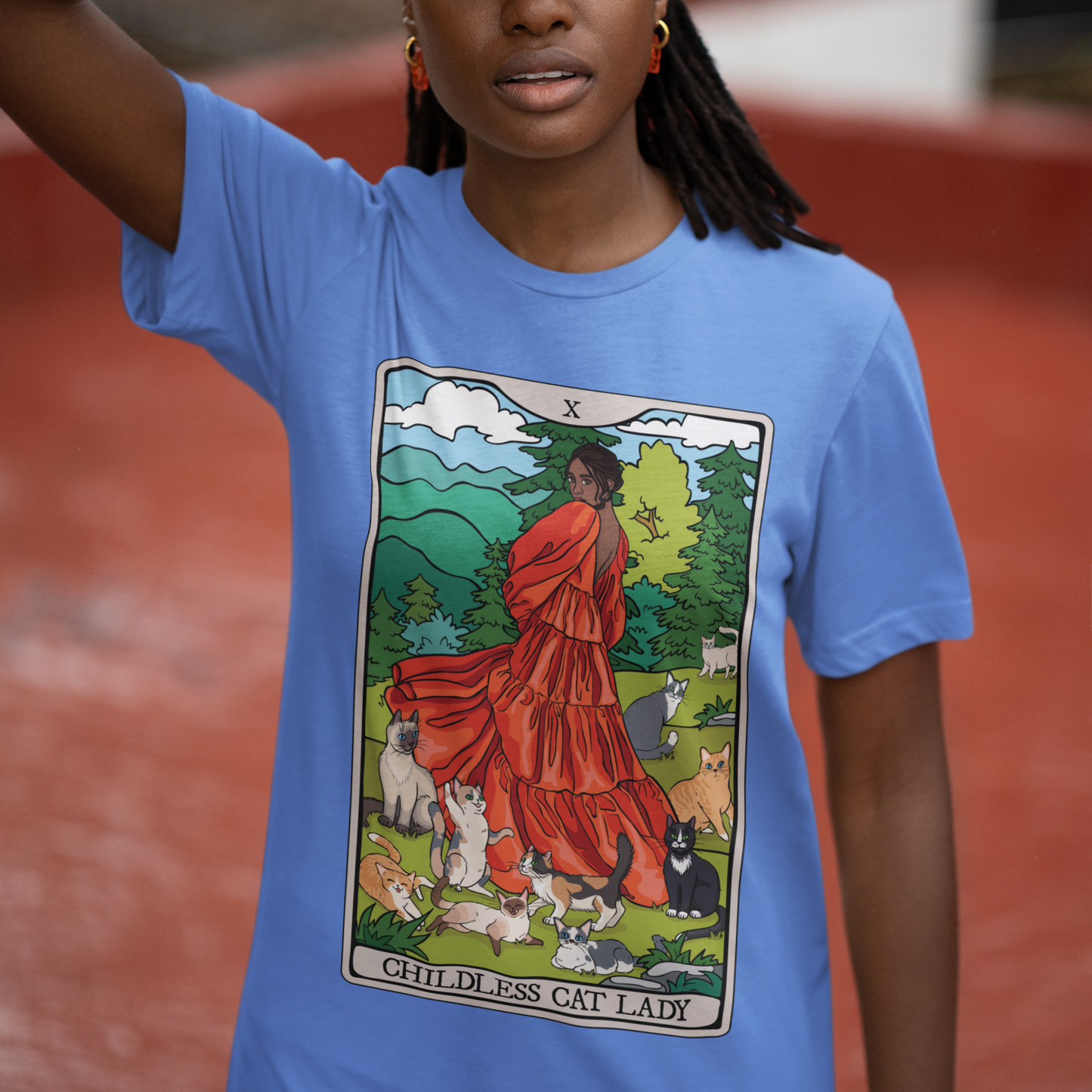 Childless Cat Lady Tarot Card Cotton T-shirt Child-Free Cat Mom Tee with Woman and Cats Design = POC Darker Skin Tone