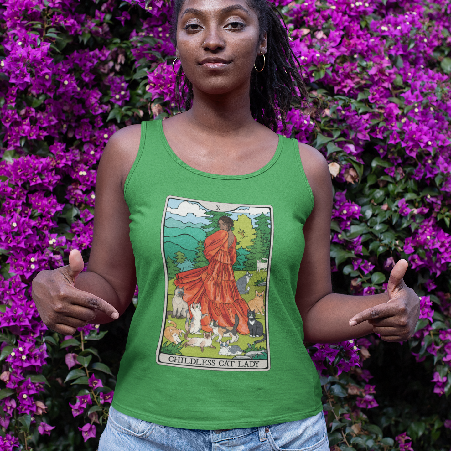 Childless Cat Lady Tarot Card Women's Racerback Tank Top Child-Free Cat Mom Shirt with Woman and Cats Design - POC Dark Skin Tone