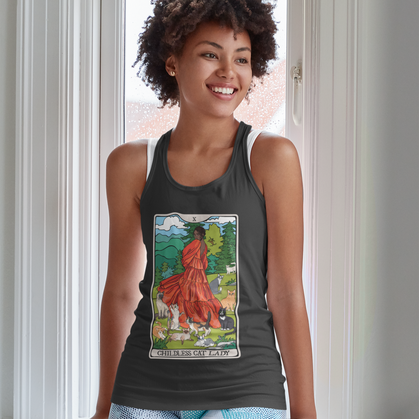 Childless Cat Lady Tarot Card Women's Racerback Tank Top Child-Free Cat Mom Shirt with Woman and Cats Design - POC Dark Skin Tone