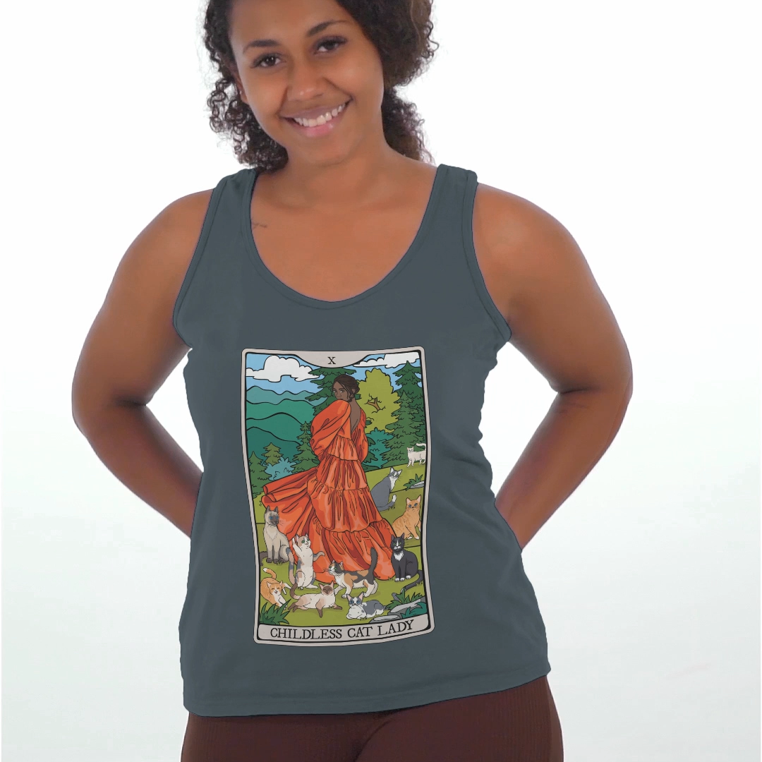 Childless Cat Lady Tarot Card Women's Racerback Tank Top Child-Free Cat Mom Shirt with Woman and Cats Design - POC Dark Skin Tone