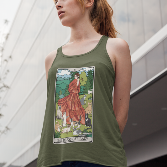 Childless Cat Lady Tarot Card Women's Racerback Tank Top Child-Free Cat Mom Shirt with Woman and Cats Design - Light Skin