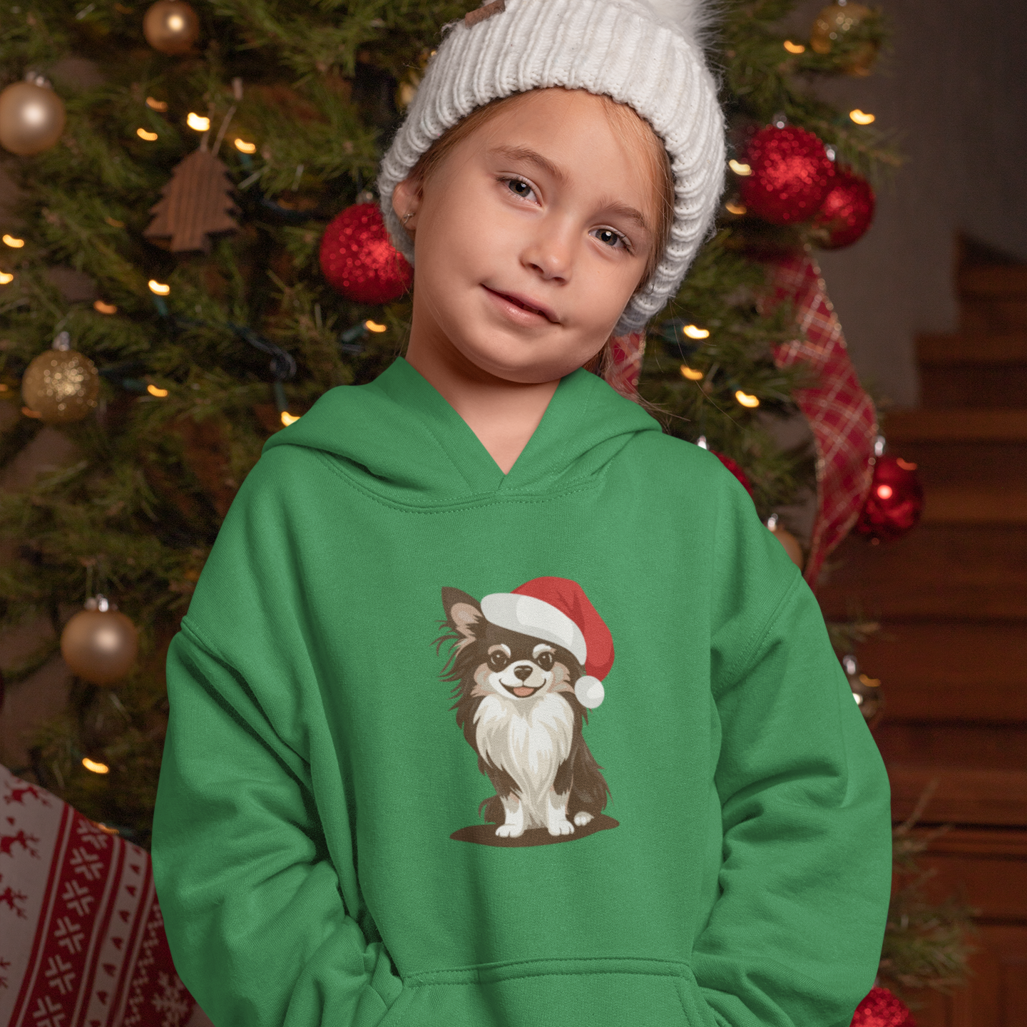 Christmas Long Haired Chihuahua Dog Kids Pullover Hoodie, Holiday Xmas Dogs Santa Hat Youth Hooded Sweatshirt, Winter Childrens Hoodies