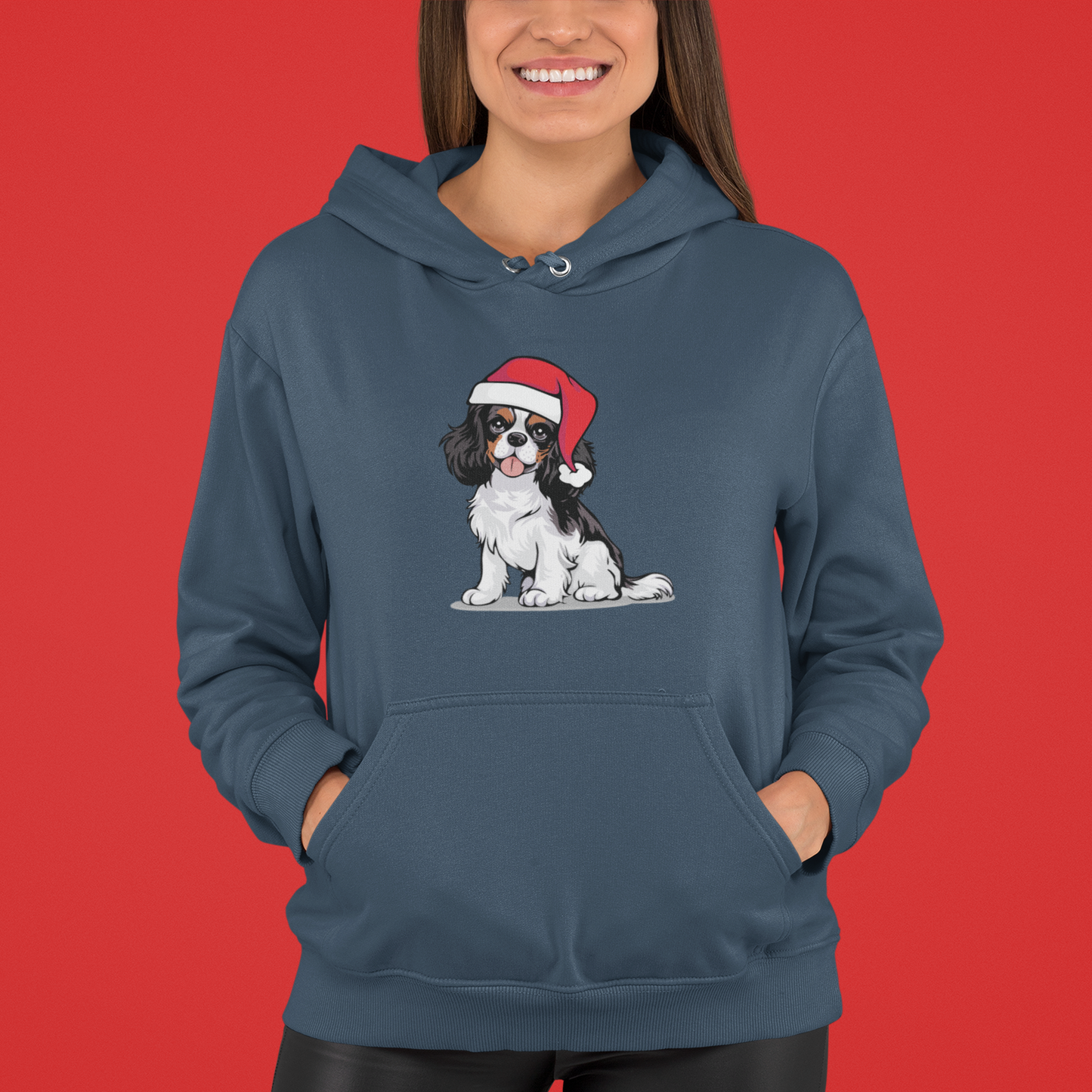 Christmas Cavalier King Charles Spaniel Dog Pullover Hoodie, Festive Holiday Xmas Dogs In Santa Hat Hooded Sweatshirt, Winter Hoodies