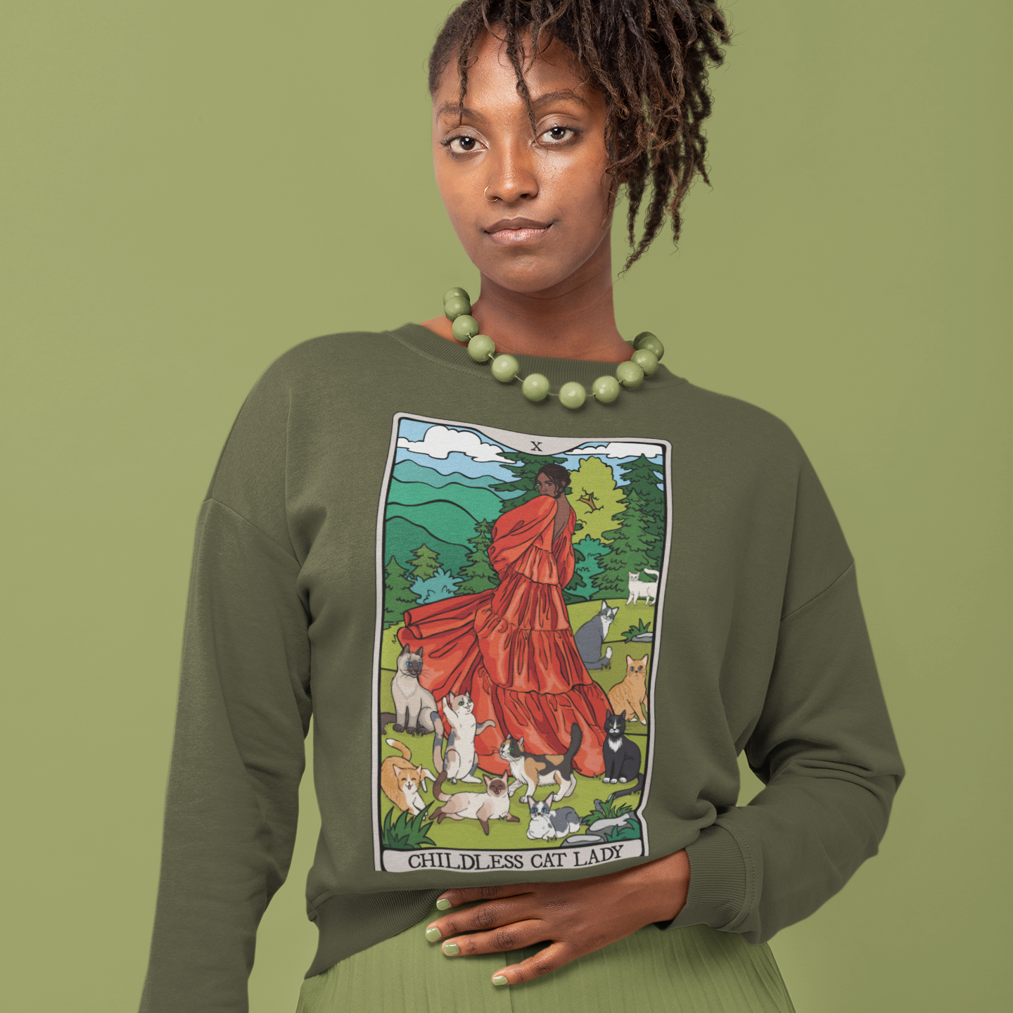 Childless Cat Lady Tarot Card Sweatshirt, Childless Woman Nature Crewneck Sweater, Witchy Apparel - POC Dark Skin Tone