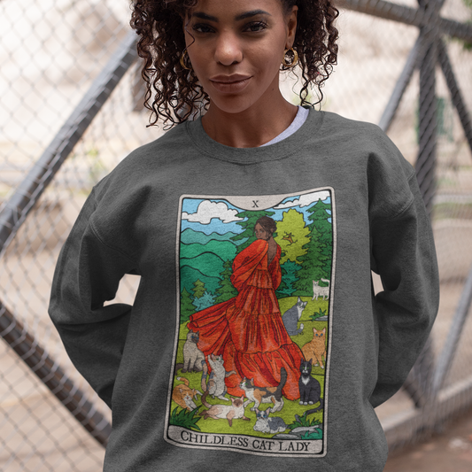 Childless Cat Lady Tarot Card Sweatshirt, Childless Woman Nature Crewneck Sweater, Witchy Apparel - POC Dark Skin Tone