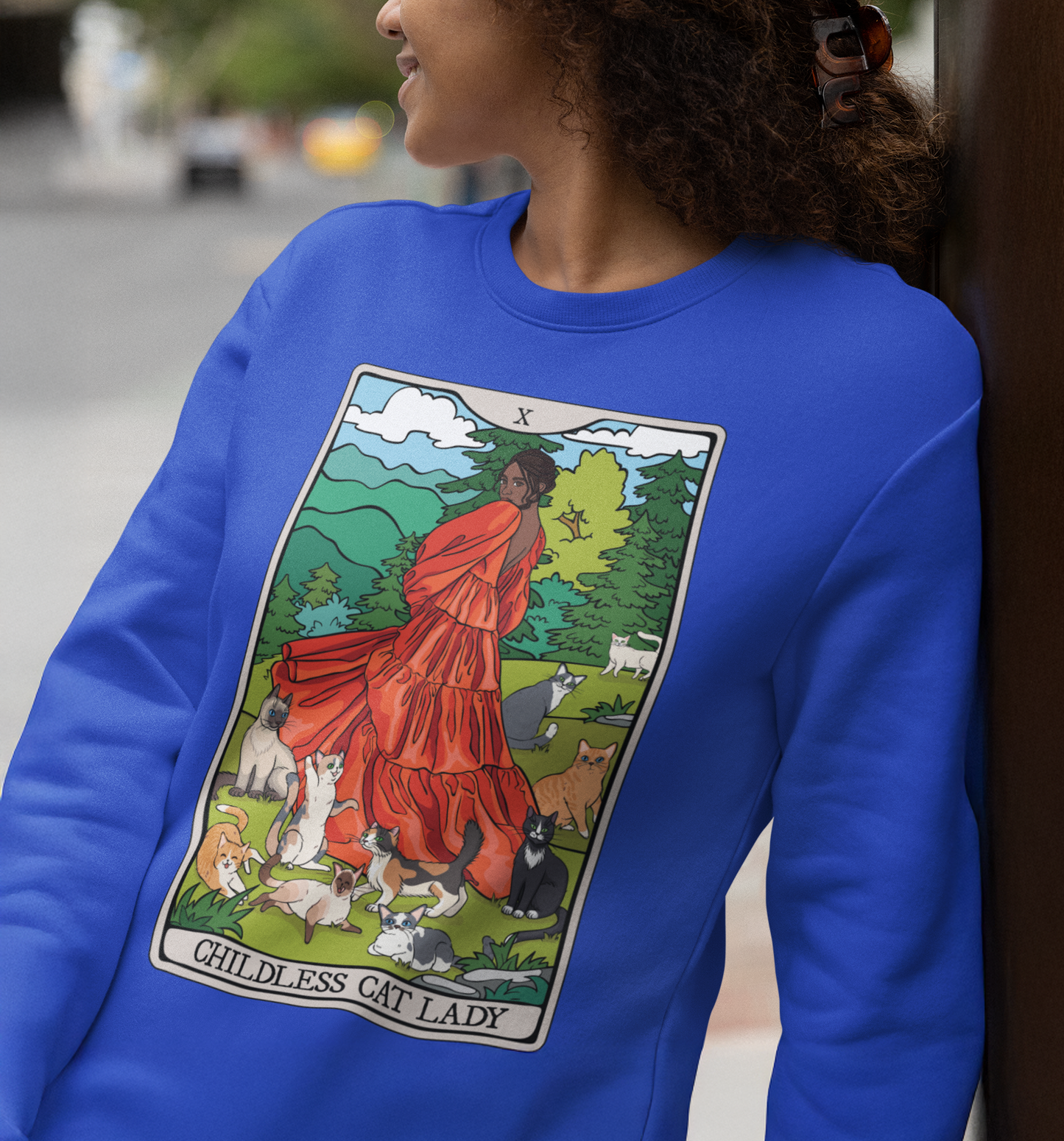 Childless Cat Lady Tarot Card Sweatshirt, Childless Woman Nature Crewneck Sweater, Witchy Apparel - POC Dark Skin Tone