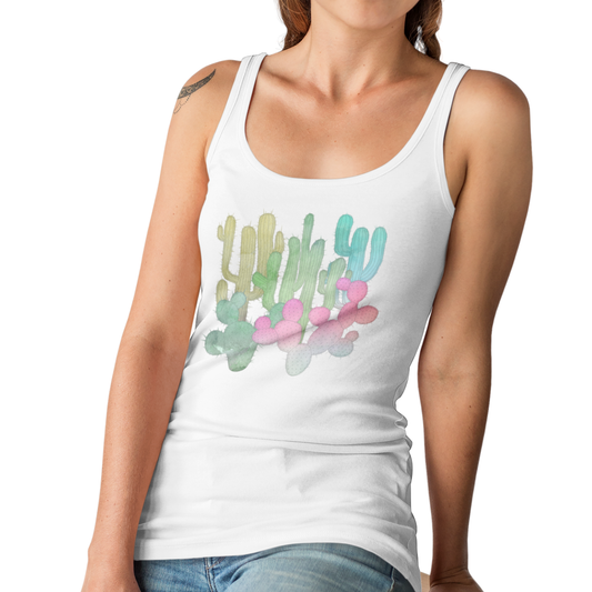 Cactus Garden Arizona Desert Ladies Tank Top Women's Ideal Racerback Tank Colorful Saguaro Cactus Print