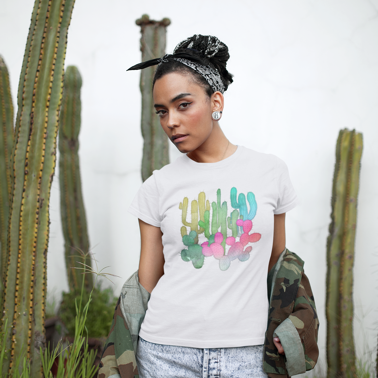 Cactus Garden Arizona Desert Women's Fitted T-shirt Colorful Saguaro Cactus Print on Ladies Cotton Tee