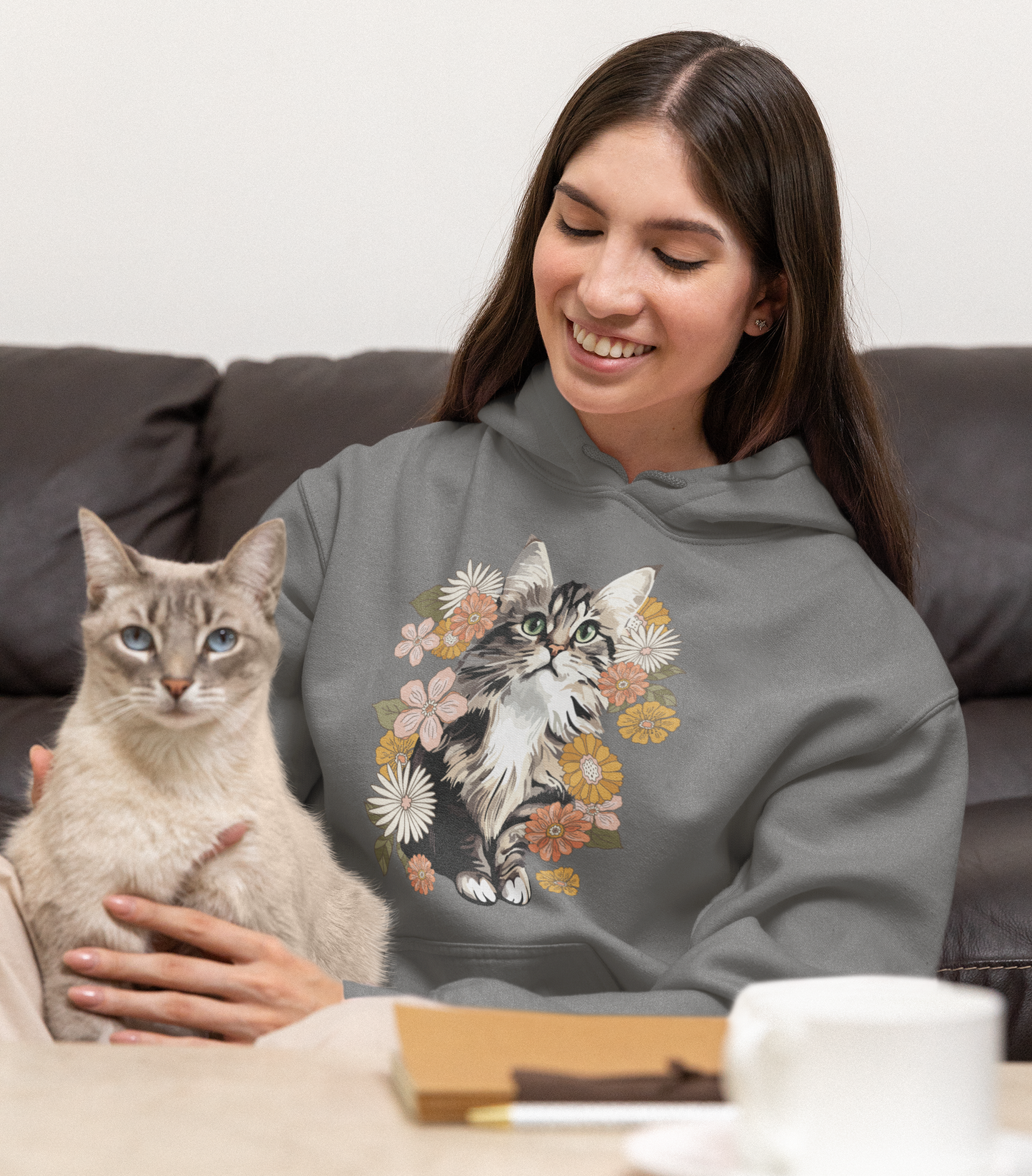 Moonchi Fluffy Kitty In Flowers Hoodie Floral Cat Hooded Sweatshirt, Gift for Cat Lovers Unisex Retro Kitten Flower Long Sleeve Sweater