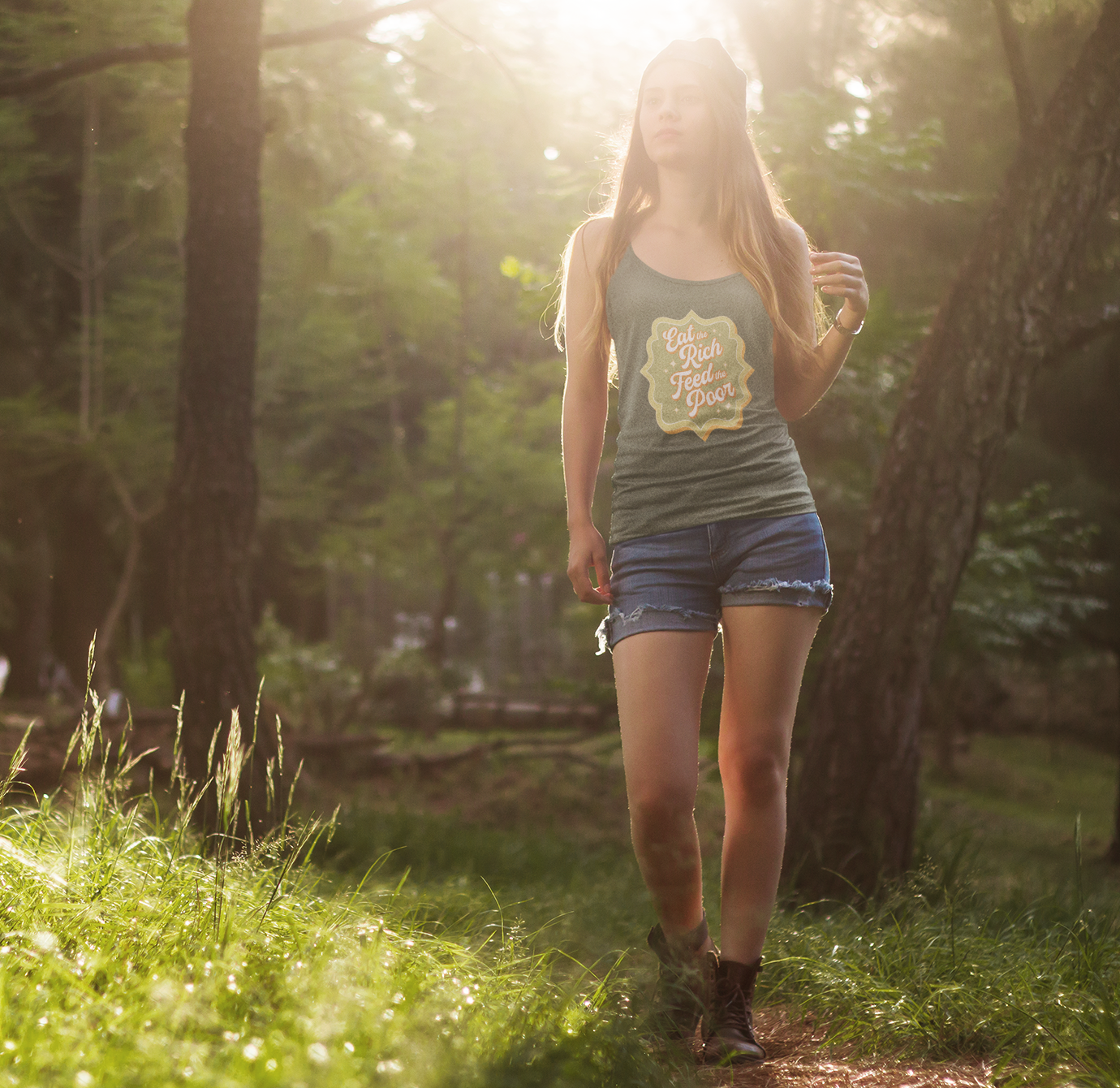 Eat The Rich Feed The Poor Retro Women's Racerback Tank - Ladies Sleeveless Shirt With 1970s Style Eat The Rich Print