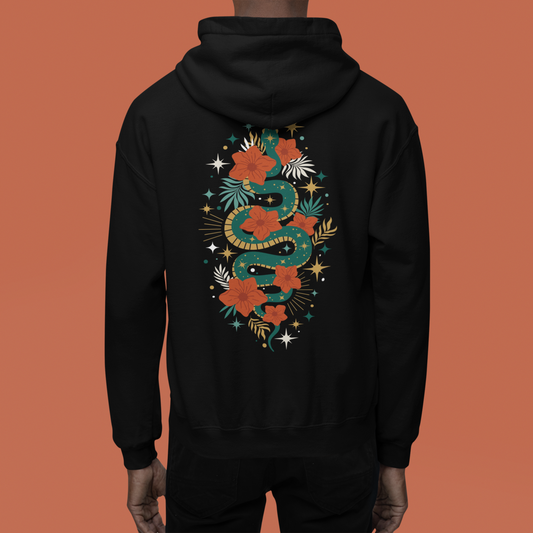 Mystic Jade Snake Zip Up Hoodie - Full Zip Hooded Sweatshirt Jacket, Boho Floral Serpent Design Zipper Hoodies Mens Womens Sweatshirts