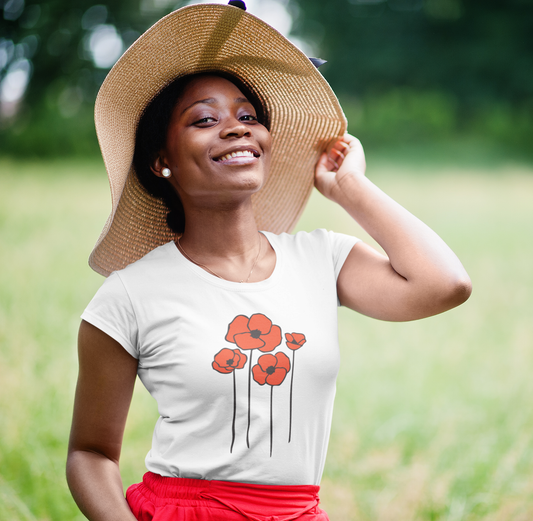 Poppies Floral Ladies Soft Cotton T-shirt Women's Tee with Cute Poppy Flower Design - Spring Garden Gifts for Her