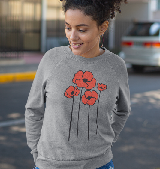Poppy Flower Raglan Sweatshirt, Floral French Terry Crewneck, Botanical Print Spring Jumper, Pullover Sweater, Gift for Nature Lovers