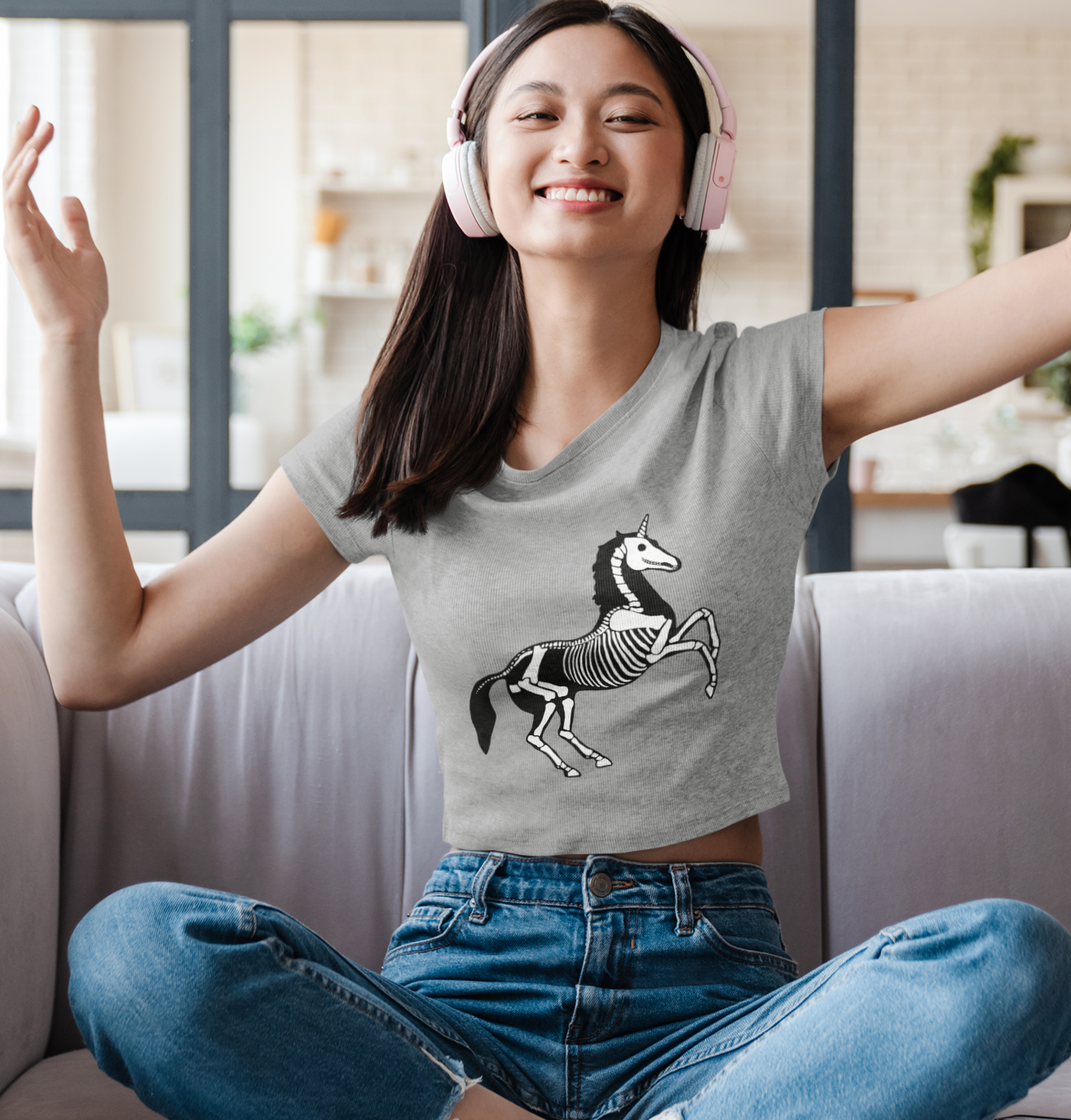 Unicorn Skeleton Crop Top, Halloween Cropped T-Shirt, Women's Fall Festival Clothing, Spooky Goth Tee, Gothic Unicorns Shirts
