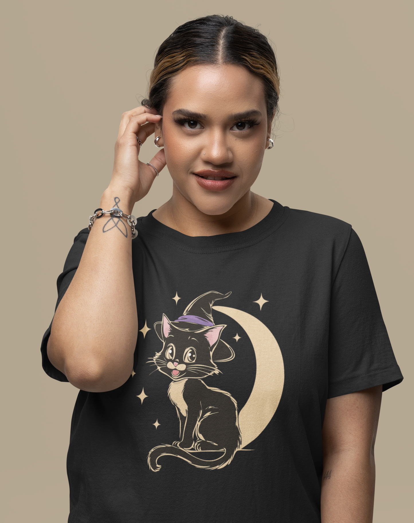 Witchy Kitty Cotton T-Shirt - Black Cat Halloween Graphic Tee with Retro Kitten and Witch Hat with Spooky Crescent Moon Print