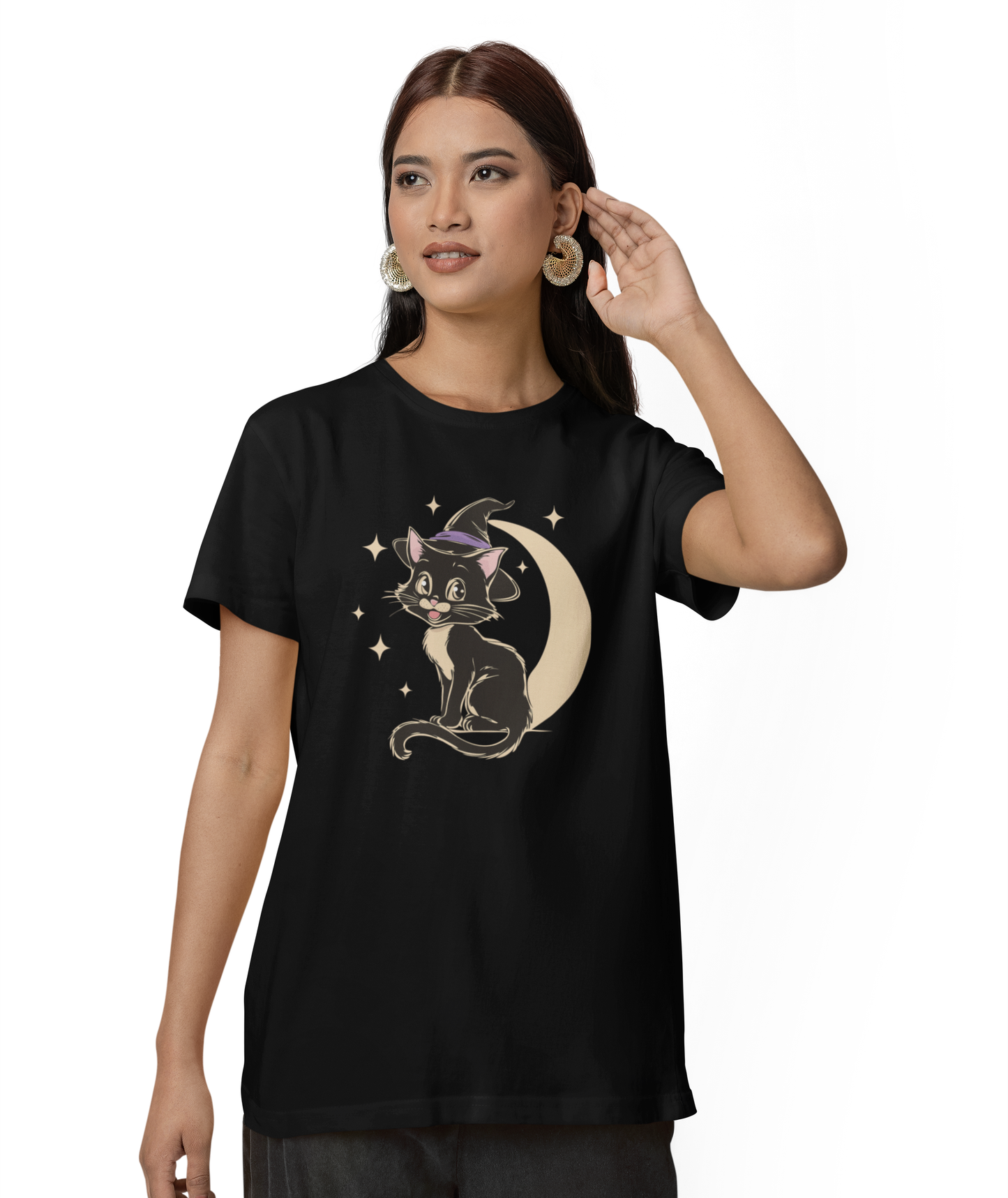 Witchy Kitty Cotton T-Shirt - Black Cat Halloween Graphic Tee with Retro Kitten and Witch Hat with Spooky Crescent Moon Print
