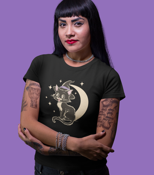 Witchy Kitty Women's Soft CottonT-shirt - Black Cat Halloween Graphic Tee with Kitten Witch Hat & Spooky Crescent Moon Print