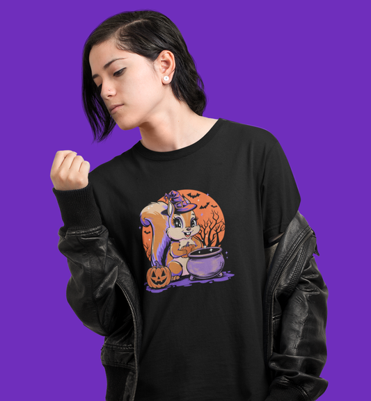 Witchy Squirrel T-shirt, Halloween Witch Squirrels Pumpkin Cauldron & Bats, Spooky Magical Short Sleeve Tee Mens Womens Top
