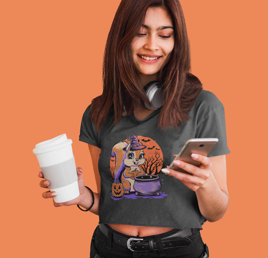 Witchy Squirrel Women's Crop Top Tee, Halloween Witch Squirrels Pumpkin Cauldron & Bats, Spooky Magical Cropped T-shirt Tees