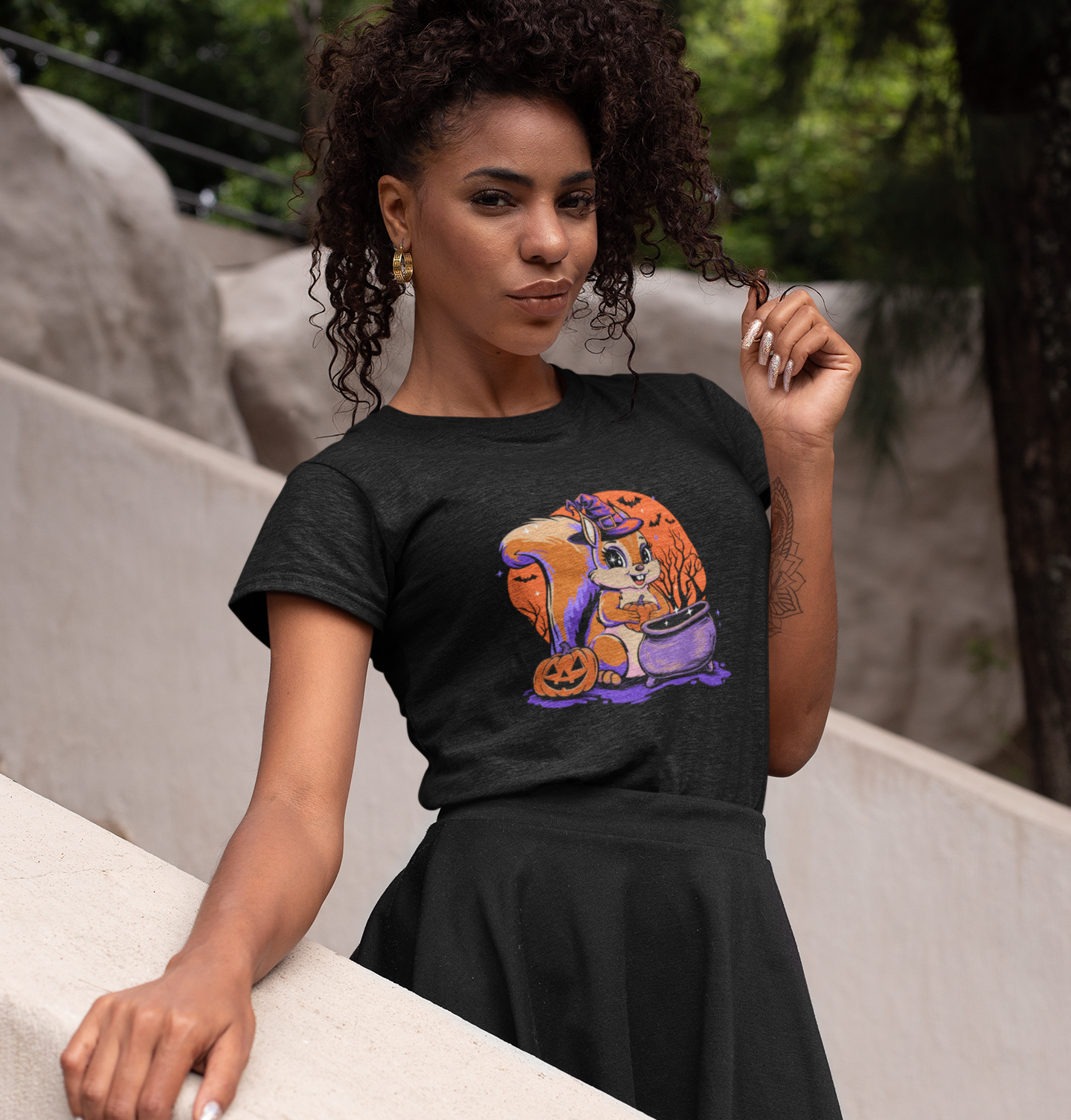 Witchy Squirrel Women's T-shirt, Halloween Witch Squirrels Pumpkin Cauldron & Bats, Spooky Magical Semi-Fitted Ladies Tee