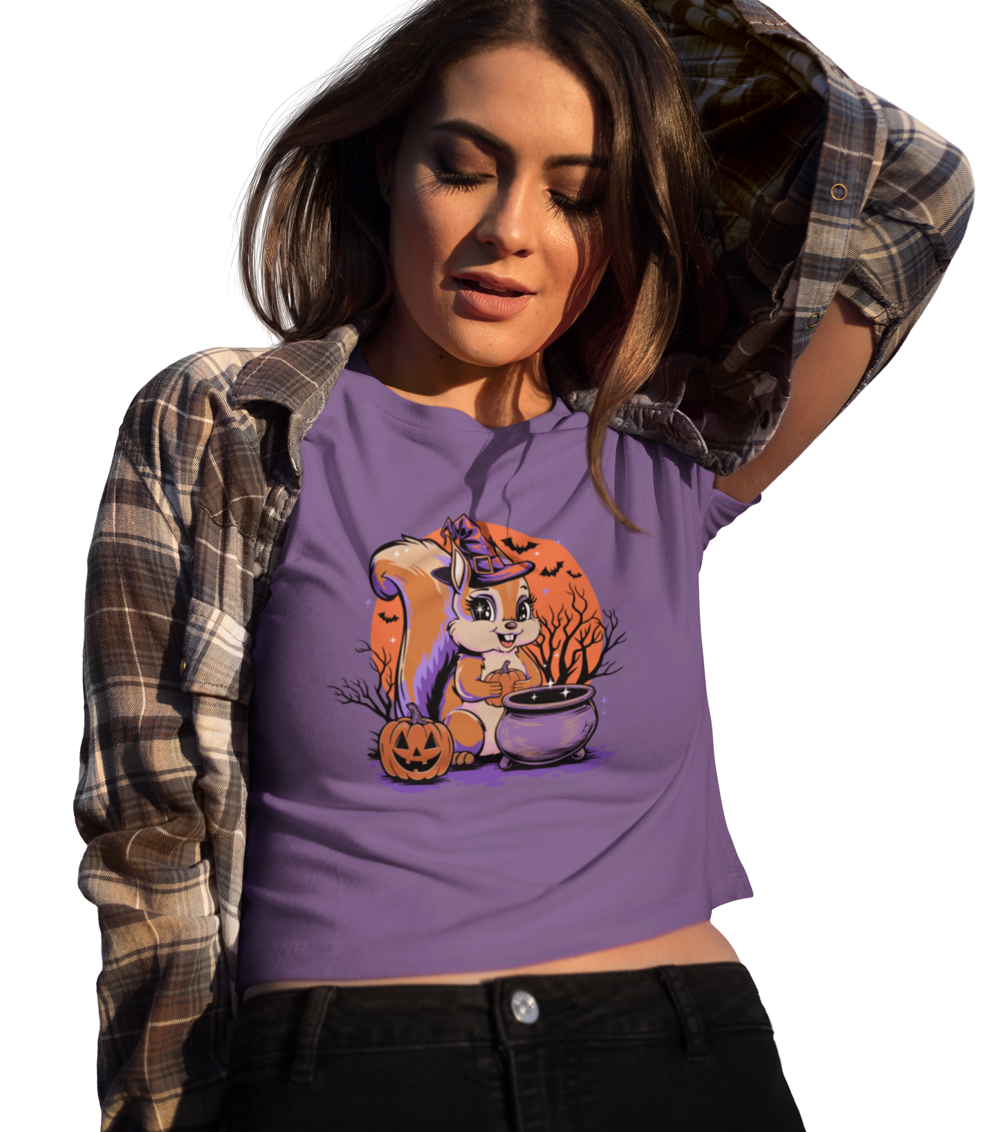Witchy Squirrel Women's T-shirt, Halloween Witch Squirrels Pumpkin Cauldron & Bats, Spooky Magical Semi-Fitted Ladies Tee