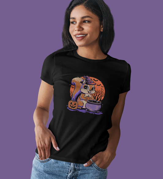 Witchy Squirrel Women's T-shirt, Halloween Witch Squirrels Pumpkin Cauldron & Bats, Spooky Magical Semi-Fitted Ladies Tee