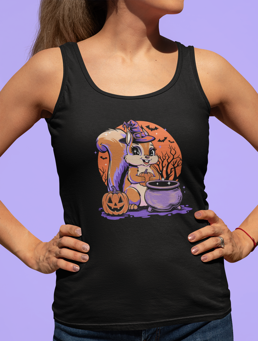 Witchy Squirrel Women's Racerback Tank Top, Halloween Witch Squirrels Pumpkin Cauldron & Bats, Spooky Magical Ladies Sleeveless Shirt