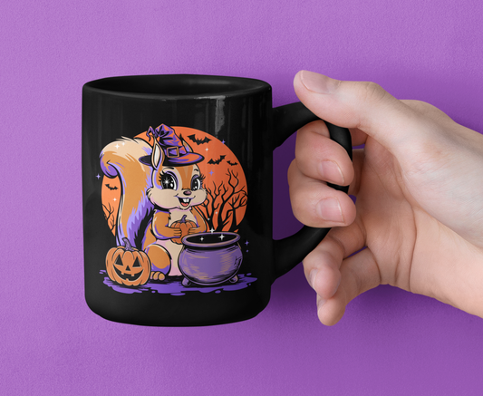 Witchy Squirrel Halloween Black Mug, Squirrels Design Ceramic Coffee Mugs, Spooky Gift Fall Decor, Witch Pumpkin Bats Cauldron Drinkware