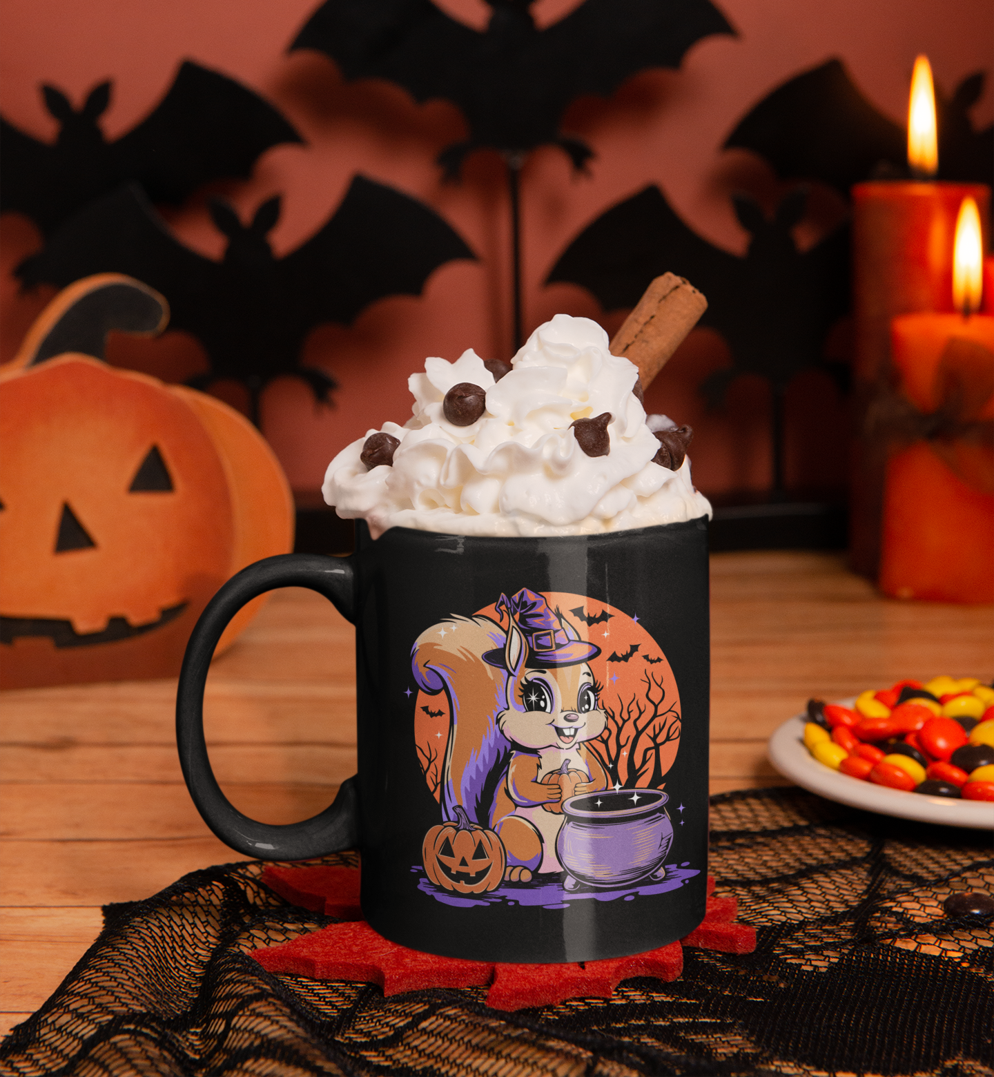 Witchy Squirrel Halloween Black Mug, Squirrels Design Ceramic Coffee Mugs, Spooky Gift Fall Decor, Witch Pumpkin Bats Cauldron Drinkware