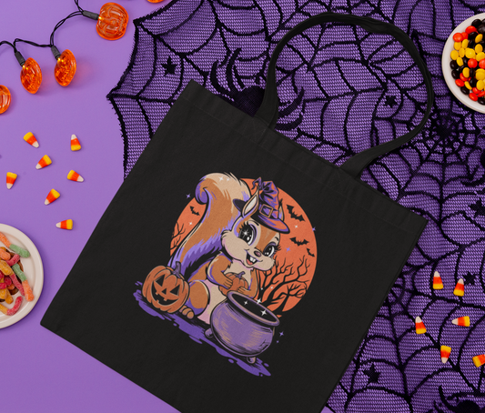 Witchy Squirrel Canvas Tote Bag, Halloween Witch Squirrels Pumpkin Cauldron & Bats, Spooky Cotton Trick-Or-Treat Bags