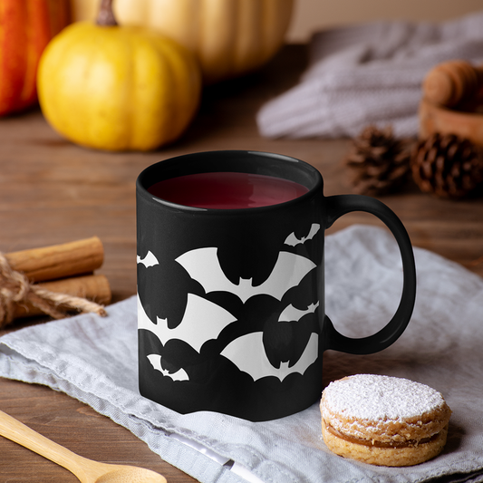 Bats Halloween Black Ceramic Coffee Mug 11oz with Spooky Flying Bat Gothic Goth Design Tea Mugs, Fall Gifts