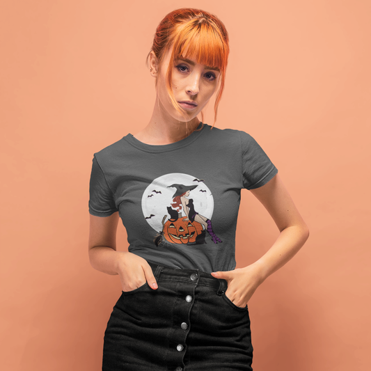 Pinup Witch Halloween Women's T-shirtJack-O-Lantern Pumpkin Ladies Soft Cotton Fitted Witchy Goth Tee, Fall Apparel