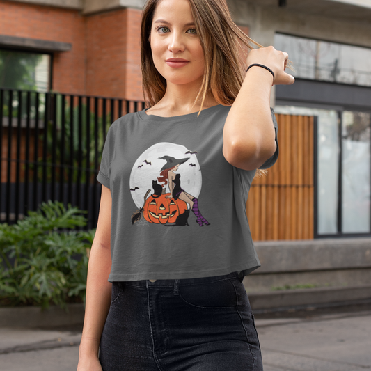 Pinup Witch Crop Top - Halloween Jack-O-Lantern Pumpkin Women's Festival Cropped Tee Wtichy Gothic Crop T-shirt