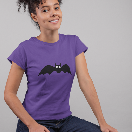 Batty Halloween Women's T-shirt - Bat Women's Fitted Tee Spooky Gothic Cotton Graphic Tees for Women, Spooky Fall Apparel