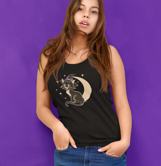 Witchy Kitty Women's Racerback Tank Top - Black Cat Halloween Tank with Retro Kitten with Witch Hat & Crescent Moon Print