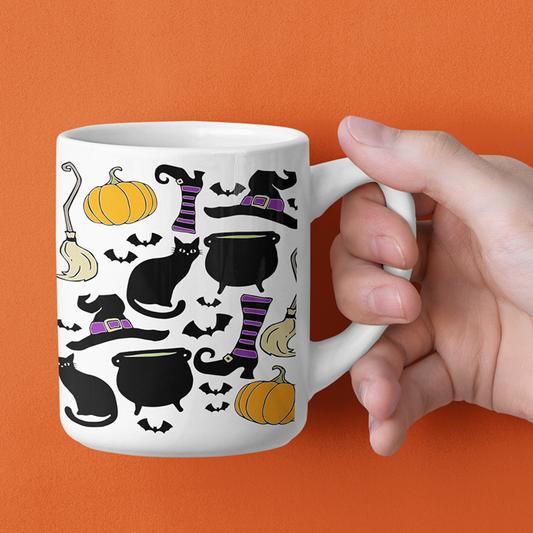 Witchy Things Halloween Ceramic Coffee Mug 11oz with Witch Hats, Black Cats, Pumpkins, Spooky Bats, & Cauldrons