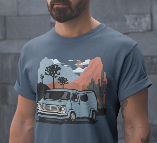 Arizona Desert Vanlife Camper Van Cotton T-shirt - Short Sleeve Tee Retro Van in Joshua Tree & Cactus Landscape