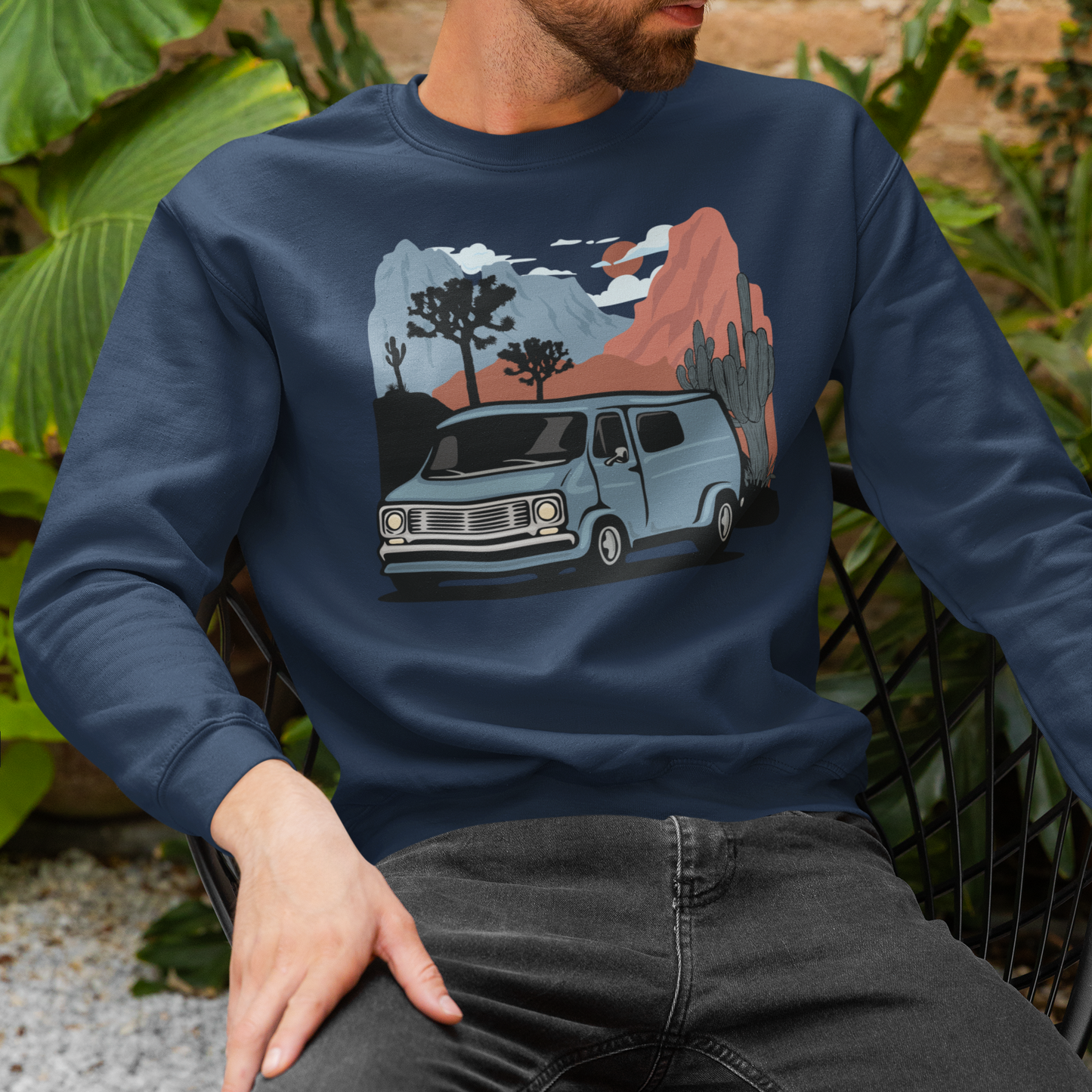 Arizona Desert Vanlife Camper Van Sweatshirt - Long Sleeve Crew Neck Sweater Retro Van in Joshua Tree & Cactus Landscape