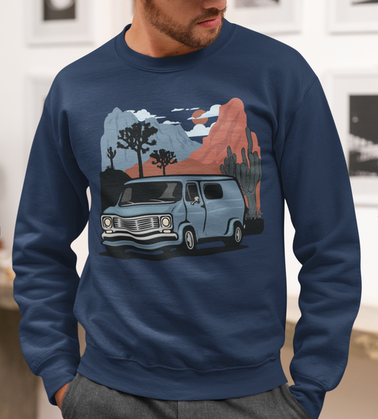 Arizona Desert Vanlife Camper Van Sweatshirt - Long Sleeve Crew Neck Sweater Retro Van in Joshua Tree & Cactus Landscape