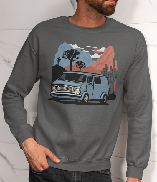 Arizona Desert Vanlife Camper Van Sweatshirt - Long Sleeve Crew Neck Sweater Retro Van in Joshua Tree & Cactus Landscape