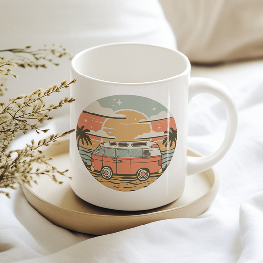 Vintage Van Dreams Coffee Mug - Nomad Vanlife Campervan White Ceramic Tea Mugs 11oz, Coastal Beach Travlel Gifts for Vanlifers