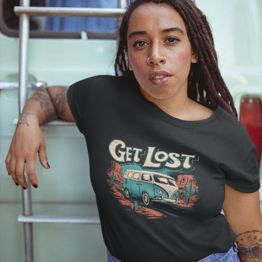 Get Lost Vintage Van Women's Fitted T-shirt - Vanlife Utah Arizona Desert Roadtrip Ladies Tee Travel Nomad T-shirts