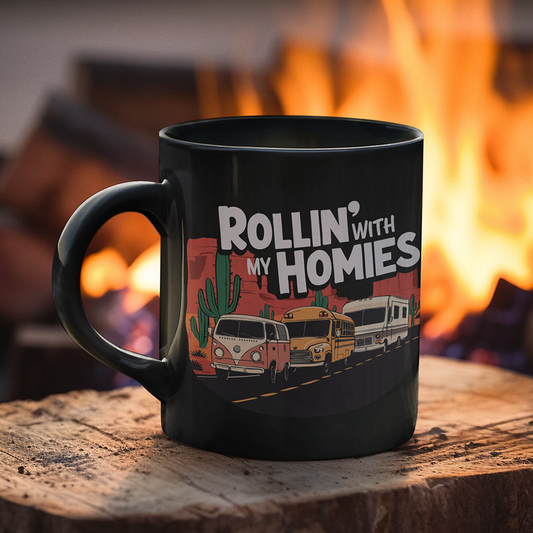 Rollin' With My Homies Coffee Mug - Van Skoolie RV Vanlife Caravan in the Desert Black Ceramic Tea Mugs (11oz, 15oz)