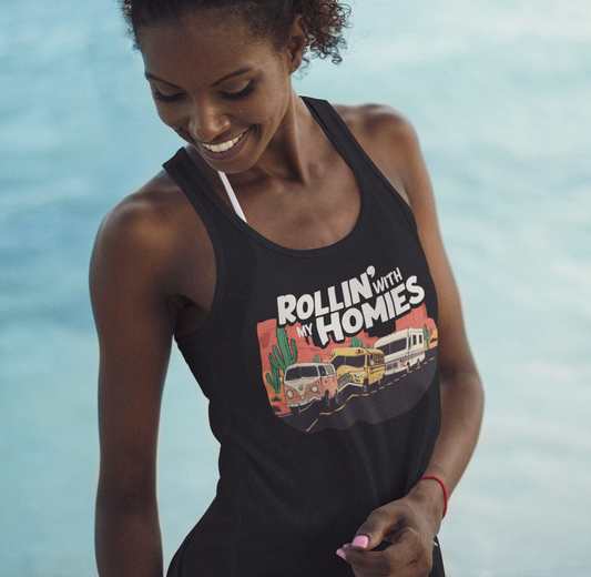 Rollin' With My Homies Tank Top -  Van Skoolie RV Vanlife Caravan in the Desert Women's Sleeveless Shirt Racerback Tank