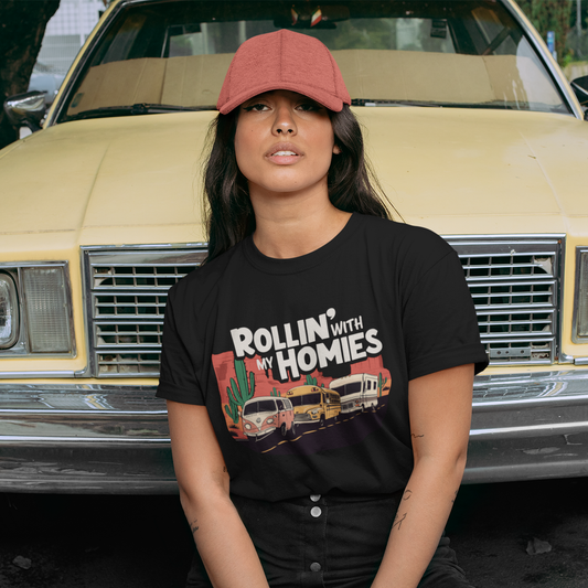 Rollin' With My Homies T-shirt - Van Skoolie RV Vanlife Roadtrip Caravan in the Desert T-shirts Unisex Mens Womens Cotton Tee