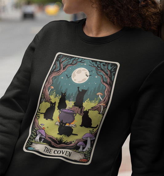 Tarot Card Coven Witchy Black Cats Sweatshirt, Goth Cat Long Sleeve Top, Witchy Halloween Sweatshirts