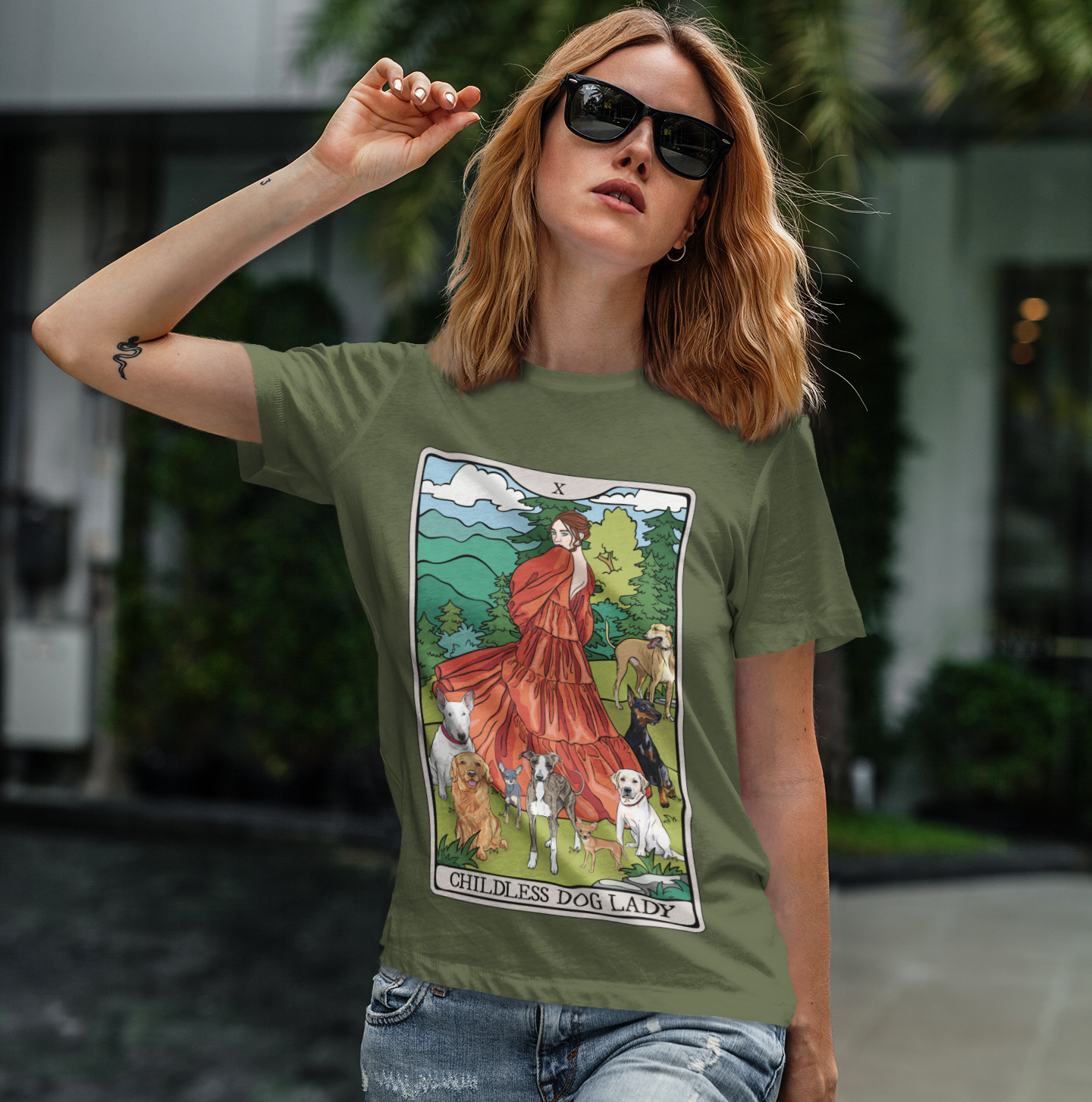 Childless Dog Lady Tarot Card Cotton T-shirt Child-Free Dog Mom Tee with Woman and Dogs Design Garment Dyed Tee