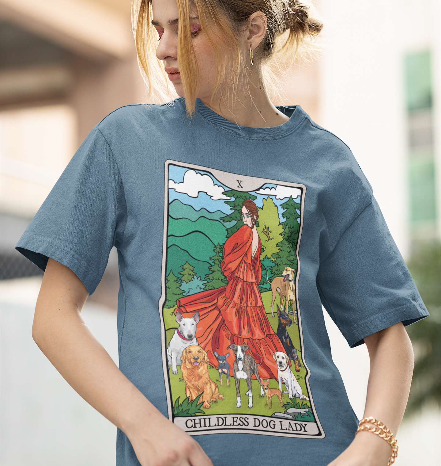 Childless Dog Lady Tarot Card Cotton T-shirt Child-Free Dog Mom Tee with Woman and Dogs Design Garment Dyed Tee