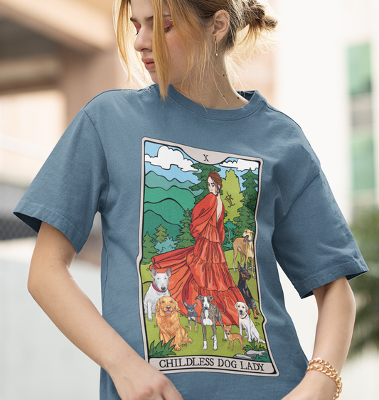Childless Dog Lady Tarot Card Cotton T-shirt Child-Free Dog Mom Tee with Woman and Dogs Design Garment Dyed Tee