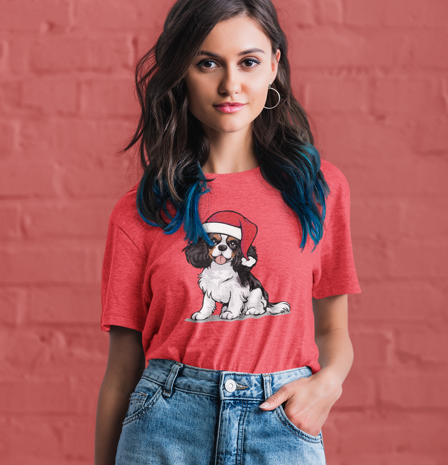 Christmas Cavalier King Charles Spaniel Dog T-Shirt, Festive Holiday Xmas Pet Dogs In Santa Hat Cotton Tee